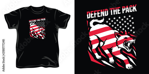 Defend the pack design showcasing a snarling wolf or dog in motion, stylized with American flag stripes and stars.