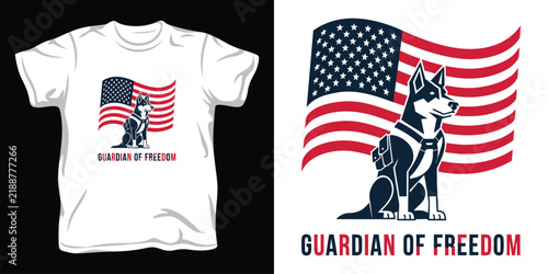 Guardian of freedom military service dog mascot sitting in front of waving American flag graphic illustration on white background for apparel.