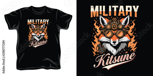 Military kitsune fox vector illustration wearing steampunk goggles and tactical gear for tactical apparel designs and gaming mascot merchandise.