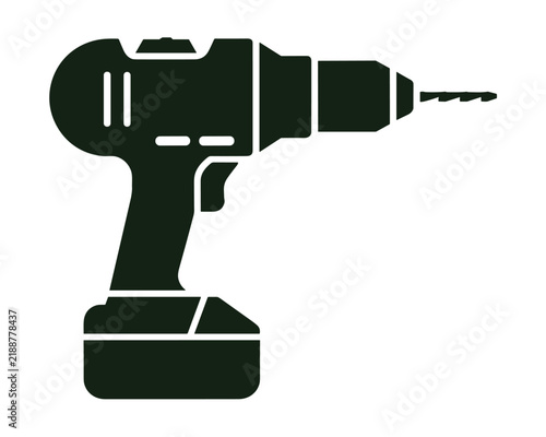 A dark green silhouette illustration of a cordless electric drill with a spinning drill bit is presented against a white background