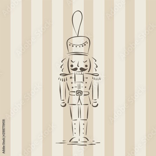 Christmas nutcracker soldier in simple hand drawn vintage vector illustration style, beige and cream striped background, elegant minimal linear pattern, muted brown tones, festive New Year decoration 