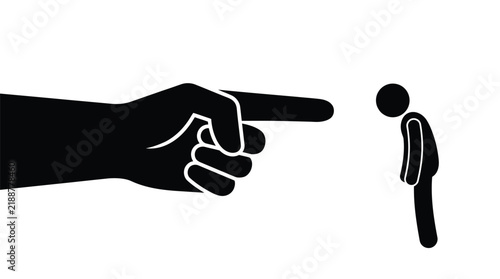 Giant black hand pointing at a sad stick figure person in this minimalist vector graphic illustration