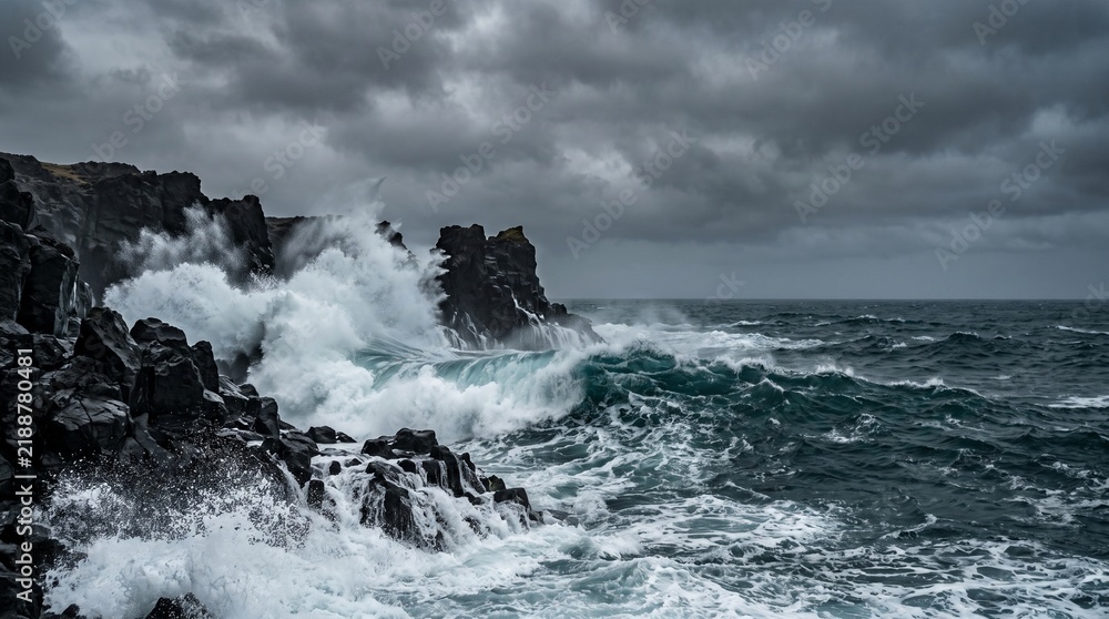 Fototapeta premium Dramatic Dark Stormy Sea Crashing on Black Basalt Rocks