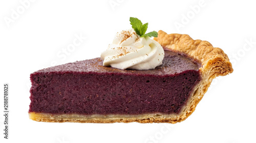 Fotografie Delicious slice of blueberry pie with whipped cream and mint garnish