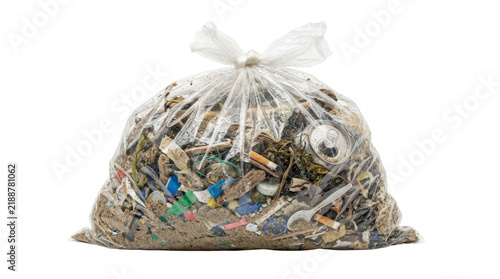 фотографія Full transparent garbage bag filled with beach debris and plastic waste