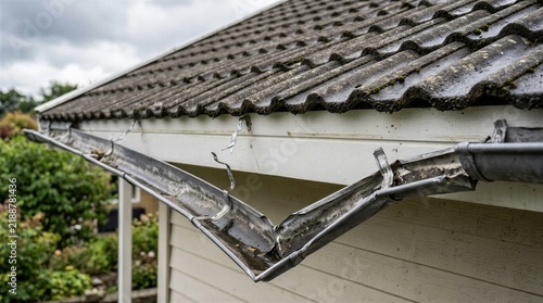 Damaged Roof Edge and Broken Gutter Showing Exterior Roofing Deterioration on Residential Building - Gutter Repair Concept