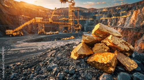 Gold mining, open-pit mine with gold-bearing ore in the foreground, heavy mining equipment and processing infrastructure operating in a large quarry.