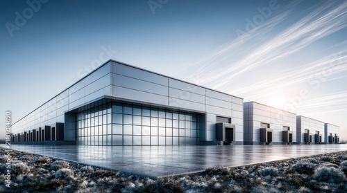 Logistics center, modern warehouse complex with loading docks and large industrial buildings designed for storage, distribution and cargo operations.