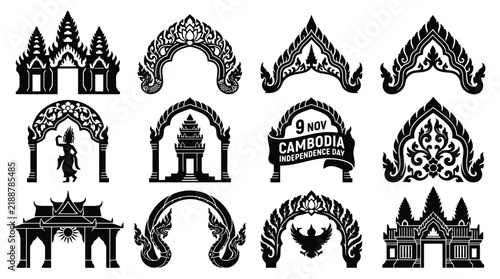 Cambodian traditional ornaments and temple gate silhouettes, 12 Khmer architectural icons, Independence Day decorative elements
