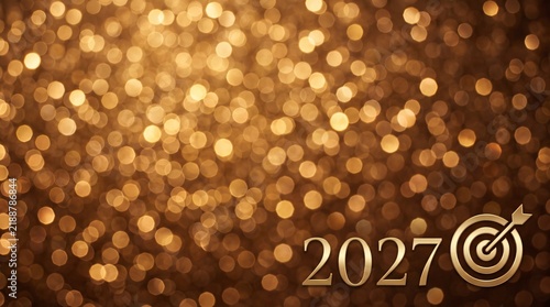 Golden numbers 2027 and a target symbol signify future goals, success, and planning against a shimmering bokeh.