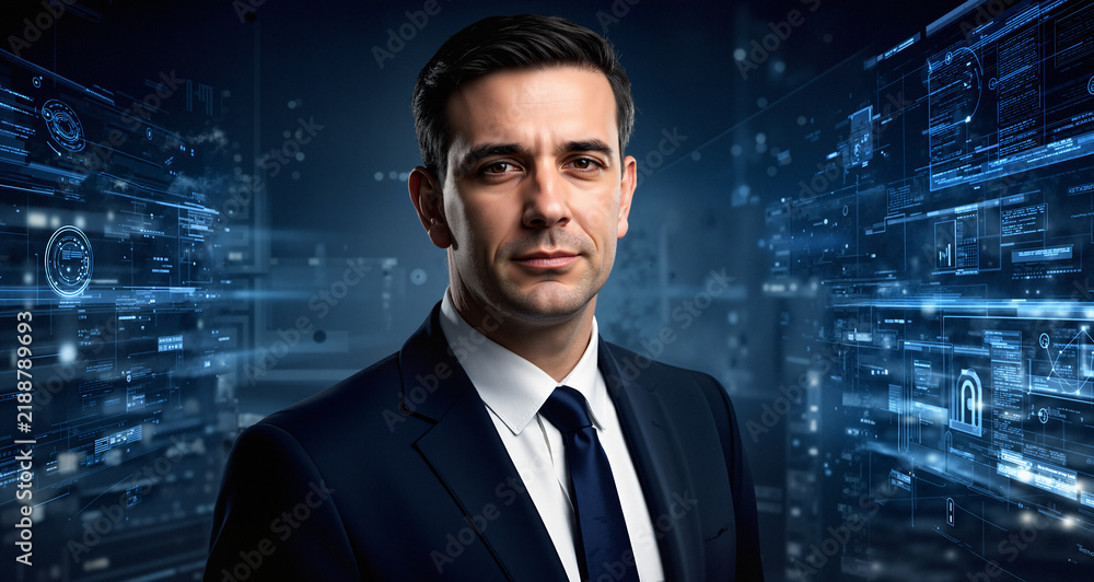 Fototapeta premium He is a portrait of modern power, a man built of data and ambition. 