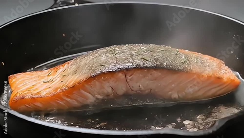 Video of salmon fillet seasoned with herbs, pan-seared to a golden finish and plated with rice, green beans and lemon. Appetizing close-ups for culinary promotions.