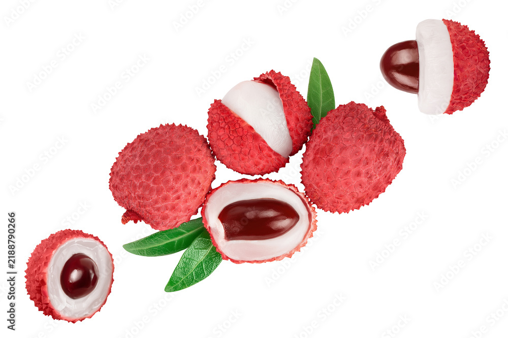 Obraz premium lychee fruit isolated on white background with clipping path and full depth of field. Top view. Flat lay
