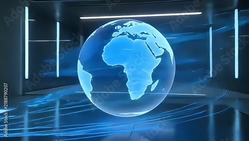Video animation of a glowing holographic globe with swirling light trails and a digital tunnel transition. Futuristic visuals for global connectivity and technology.