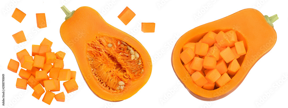 Obraz premium butternut squash diced isolated on white background with full depth of field. Top view. Flat lay
