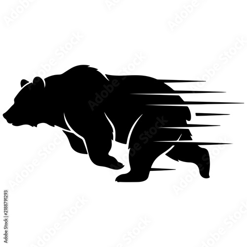 Running bear silhouette. Fast moving wild animal with motion speed lines. Isolated graphic element