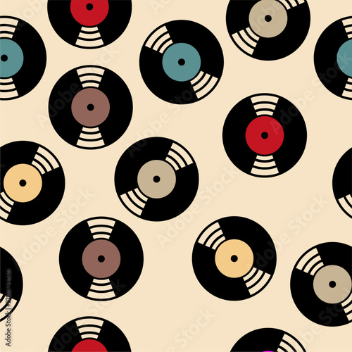 Seamless pattern print wallpaper with vinyl record discs music illustration vector retro style 60s, 70s, 80s, design art background for paper, textile, pack etc.	
