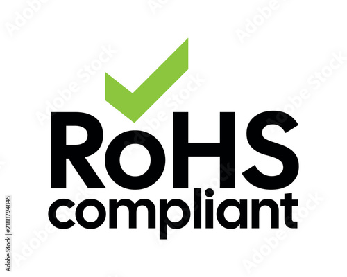 RoHS Compliant Certification Graphic with Black Typography and Bright Lime Green Checkmark, Clean Environmental Compliance Symbol for Electronics, Manufacturing