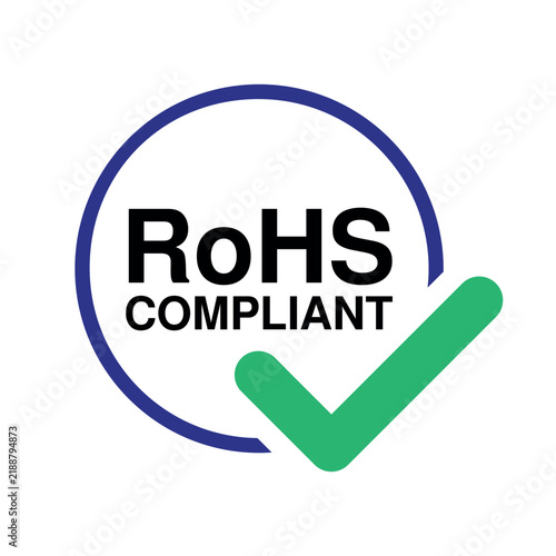 RoHS Compliant Product Certification Symbol with Green Checkmark and Purple Circular Arrow, Electronics Safety and Environmental Standards Graphic for Manufacturing, Technology and Industry