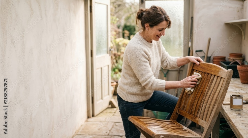 Fototapeta premium Woman applying oil to teak garden chair in sunlit shed for winter storage, warm light and copy space