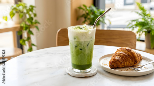 Iced Matcha Latte with Fresh Croissant