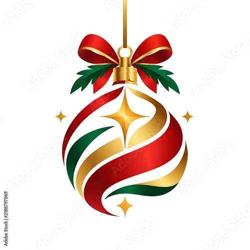 Christmas Hanging Ornament with Red Bow, Golden Bell, Green Leaves and Star Decoration