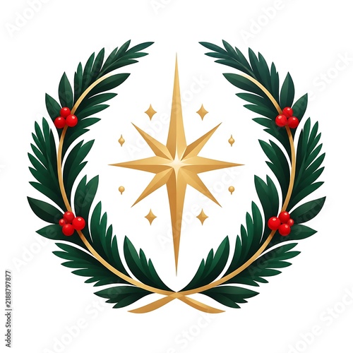 Christmas Gold Star Emblem with Evergreen Branches and Red Holly Berries