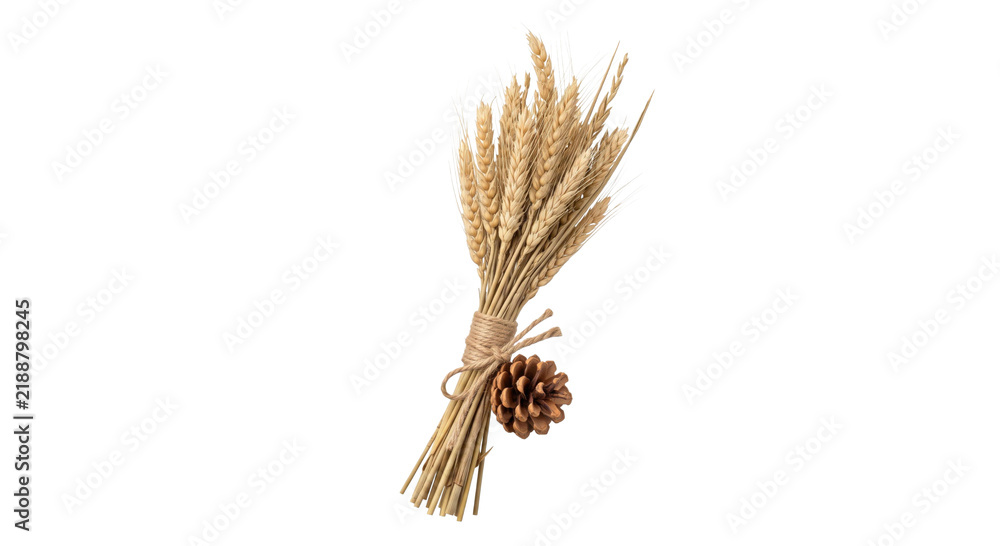 Obraz premium Golden wheat stalks tied with twine and a pine cone, symbolizing harvest and autumn