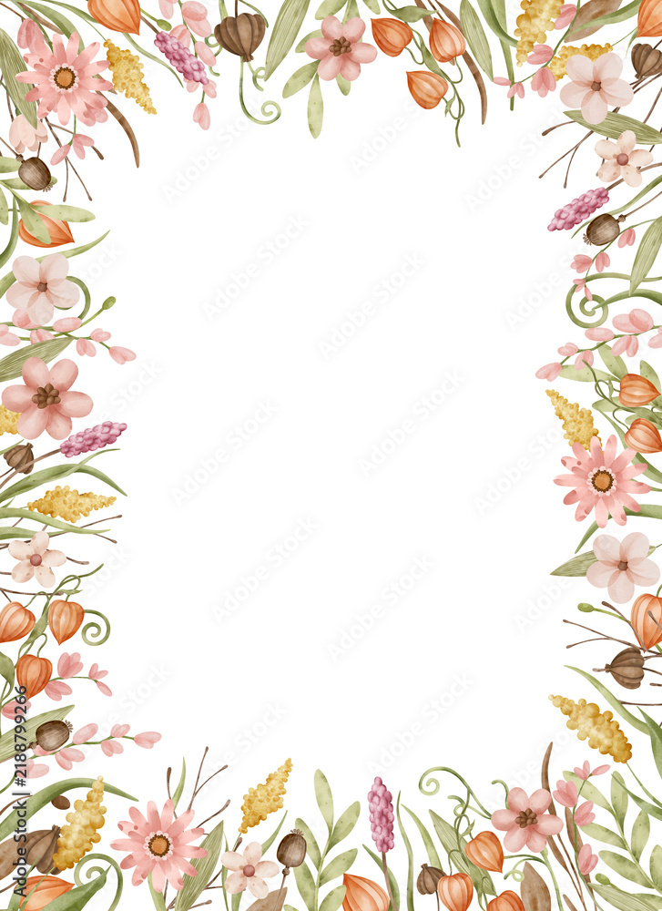 Fototapeta premium Watercolor Autumn Wildflower Frame With Physalis, Pink Flowers and Seed Pods. Wedding Stationery, Harvest Posters and Greeting Cards PNG Clipart on Transparent Background