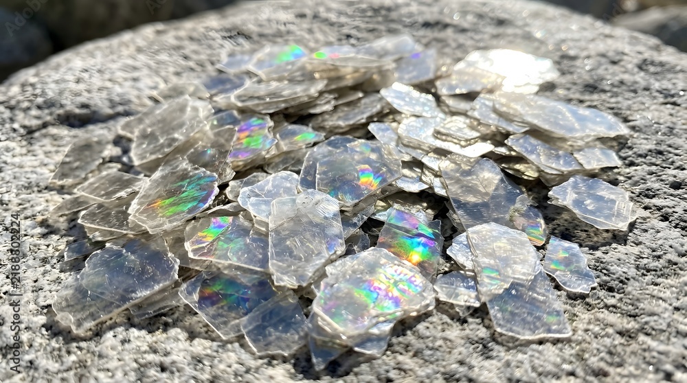 Obraz premium Shimmering Iridescent Mica Mineral Flakes on Natural Grey Rock Surface