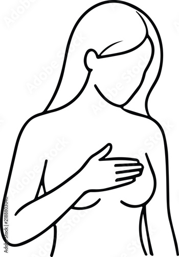 Line art drawing of woman doing breast self examination checking for cancer lumps vector.