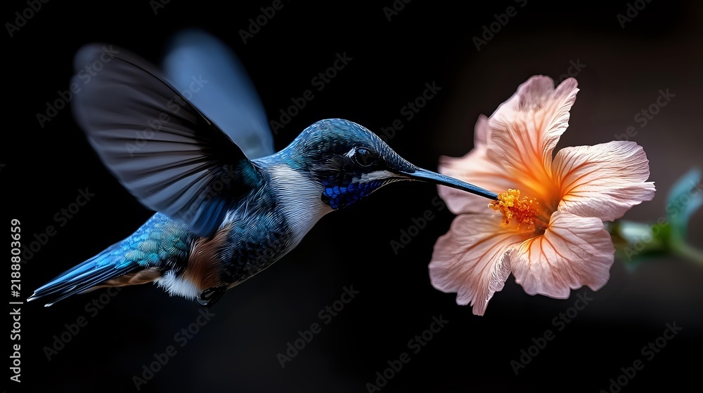 Obraz premium Iridescent blue hummingbird in flight approaching delicate pink flower with yellow center against dark background
