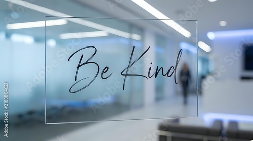 Be Kind text on frosted glass wall in modern office space, promoting workplace kindness and positive company culture for corporate environments