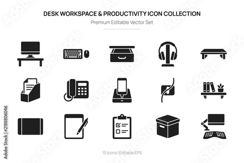Desk Workspace Productivity Icon Collection flat vector graphics on a white background