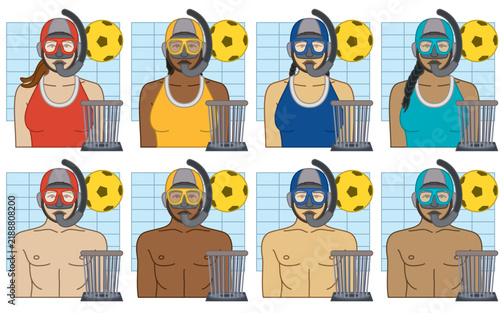 diversity, race, ethnicity of underwater rugby player, vector icons, male and female, wearing swimsuit, cap, mask and snorkel with ball and bucket isolated on a white background
