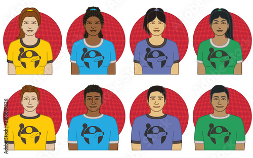 diversity, race, ethnicity of dodge ball player, vector icons, male and female, wearing team uniform with red ball isolated on a white background