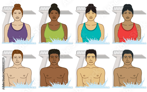 diversity, race, ethnicity of water diving diver, vector icons, male and female, wearing swimsuit, with diving board and water splash isolated on a white background