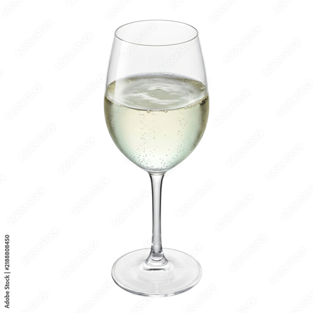 Fototapeta premium Glass of sparkling white wine with bubbles and condensation on a white background