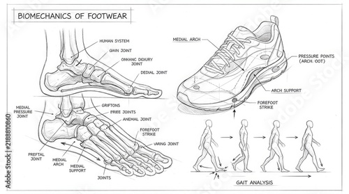 Biomechanics of footwear and foot anatomy diagram.