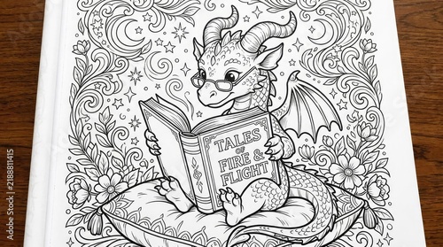 Dragon reading book coloring page for adults.