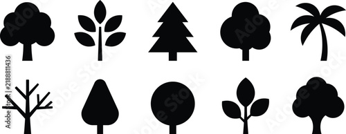 Assorted Tree and Botanical Silhouette Icons, Forest Plants, Tropical Palms and Decorative Foliage Shapes, Nature Vector Collection