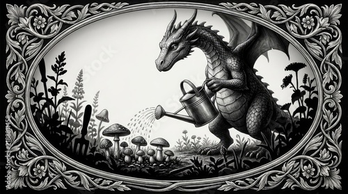 Dragon watering mushrooms in an ornate garden border.