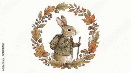Hiker rabbit in autumn acorn wreath illustration.