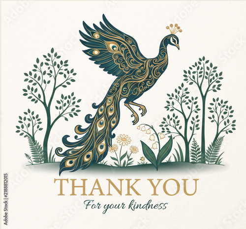 Foto Elegant ornate peacock thank you card with botanical garden illustration in deep