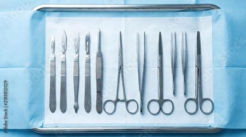Stainless steel surgical instruments on a medical tray.
