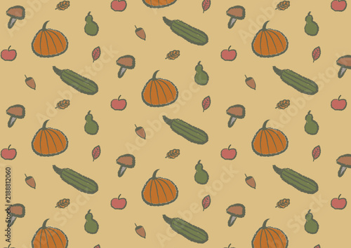Autumn seamless pattern with hand-drawn fruits, vegetables, mushrooms, acorns, and leaves on a beige background