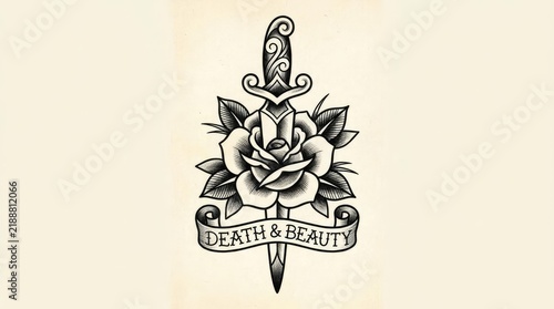 Traditional dagger and rose tattoo art with banner.