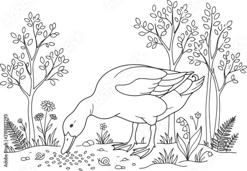 Foto Detailed coloring page of a duck feeding in a nature garden setting with trees a