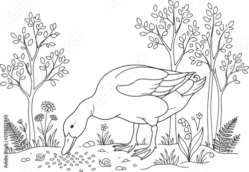 Foto Detailed coloring page of a duck feeding in a nature garden setting with trees a