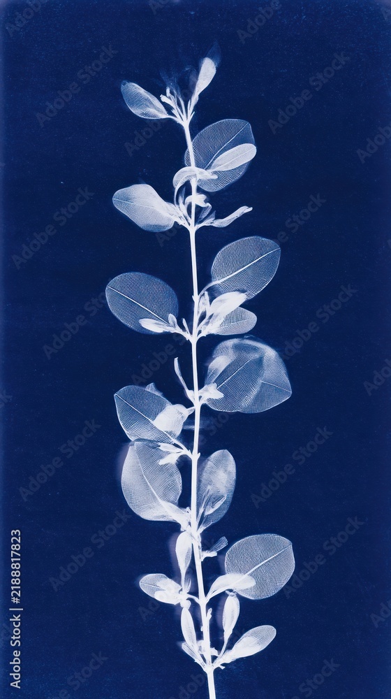 Obraz premium Elegant cyanotype of a delicate plant, perfect for mobile wallpaper.
